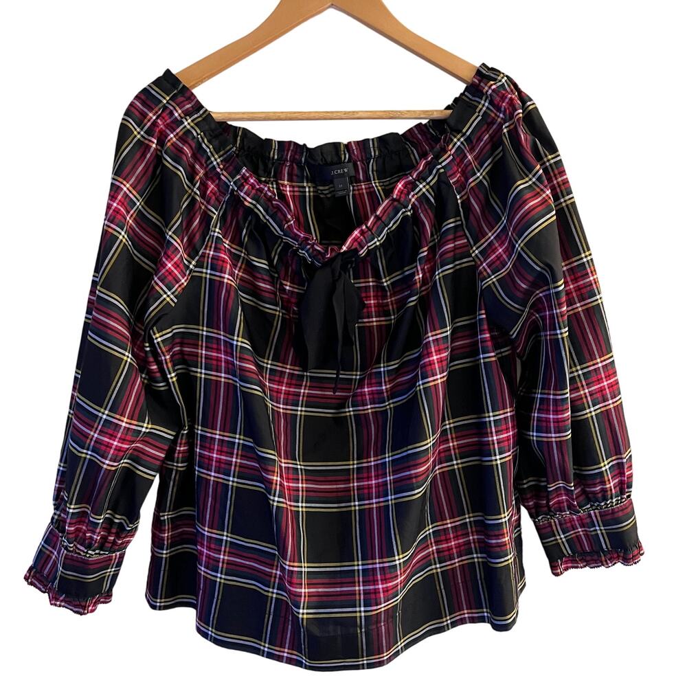 J Crew Red Black Tartan Plaid Silk Blend Holiday Off the Shoulder Top Size M